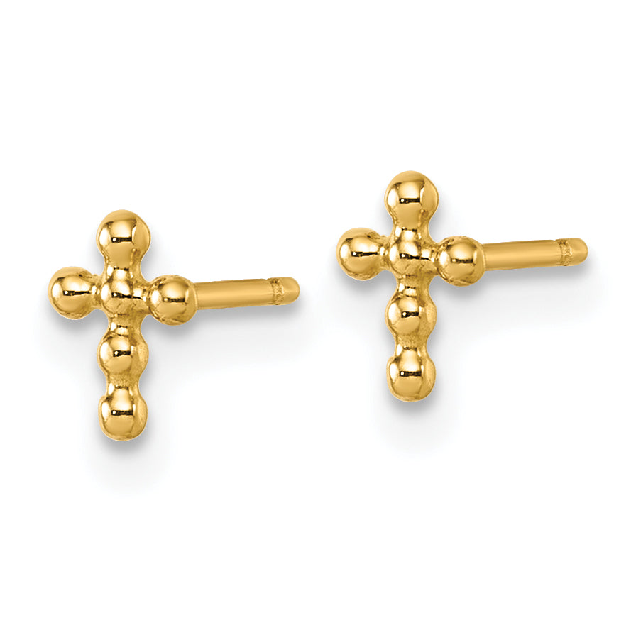 14K Polished Beaded Cross Post Earrings Secondary image