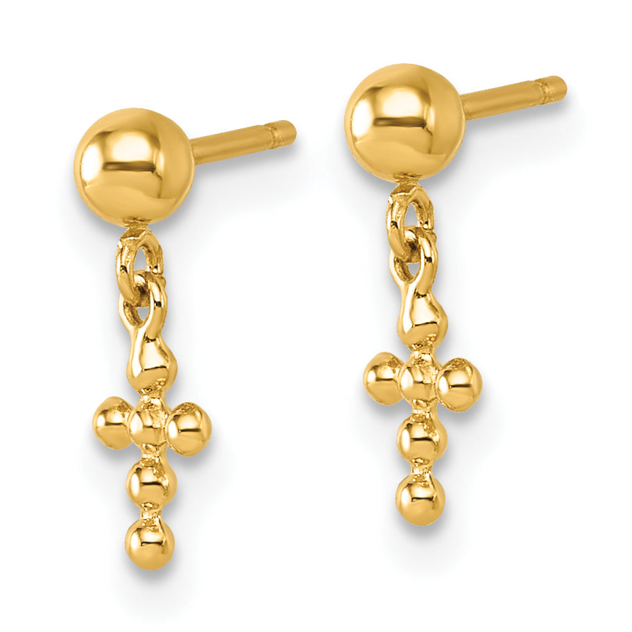 14K Polished Beaded Cross Dangle Post Earrings