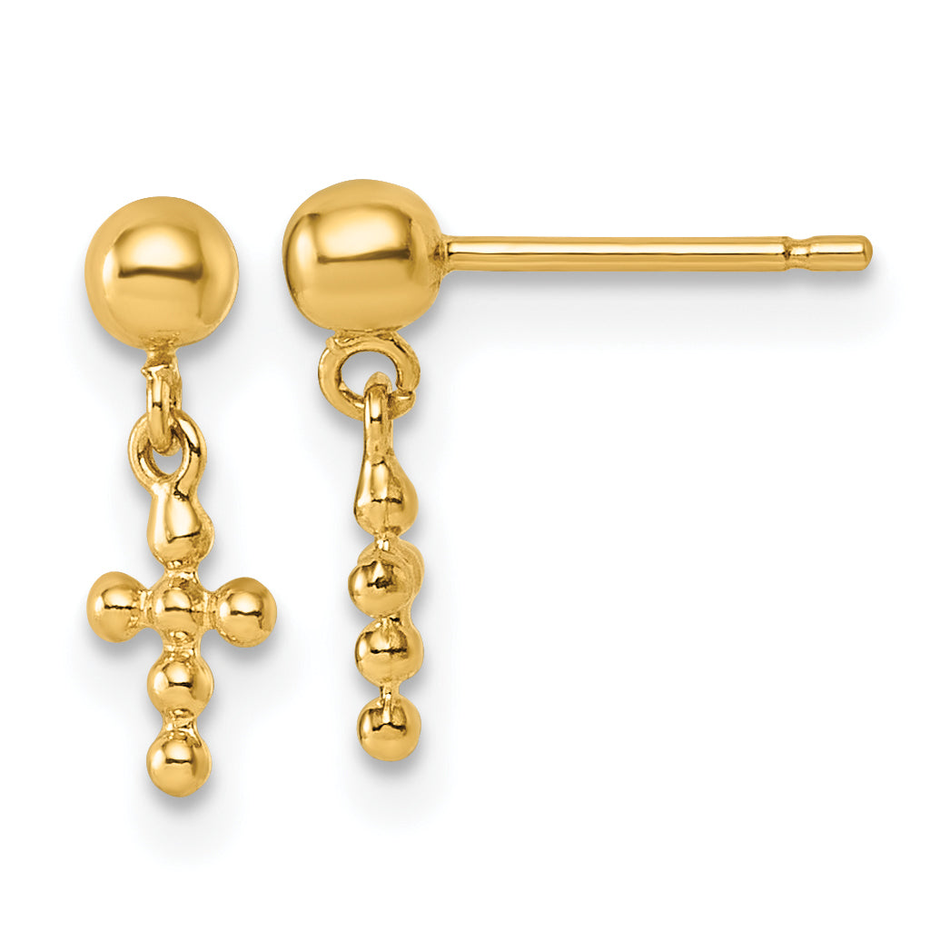 14K Polished Beaded Cross Dangle Post Earrings Main image
