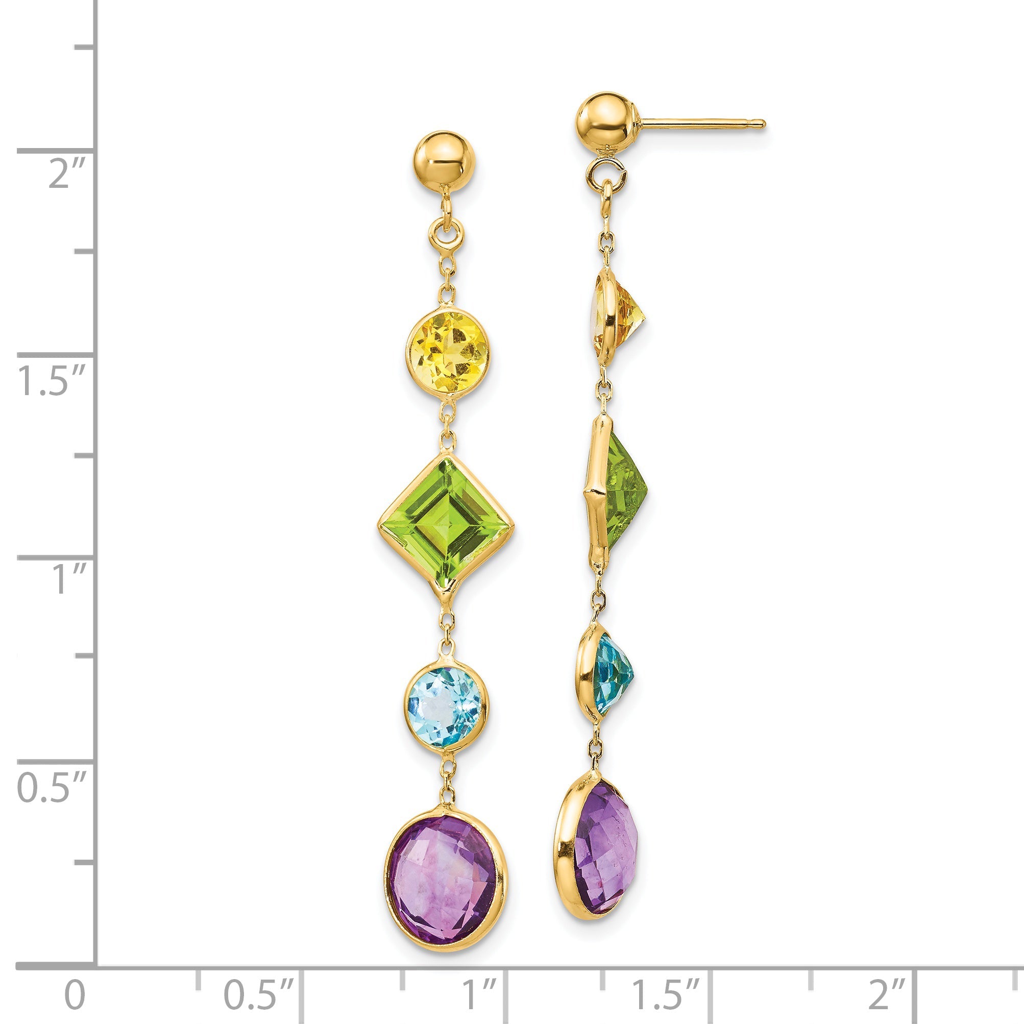 14K Gold Multi-Gemstone Drop Earrings, 47mm x 7mm, Polished Finish, Post & Push Back Closure