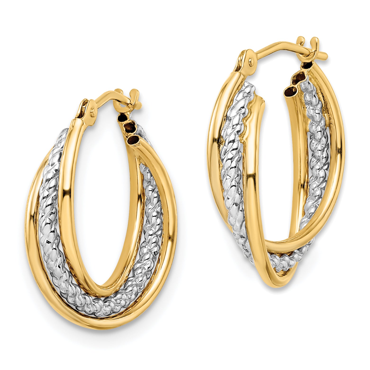 14k w/ White Rhodium Polished Textured Hoops Secondary image