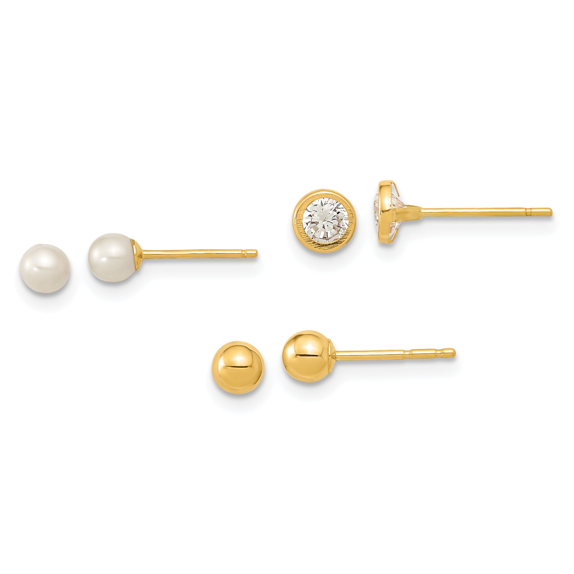 14K Polished Set of Ball Post Pearl and CZ Bezel 3 Pair Earrings Set Main image