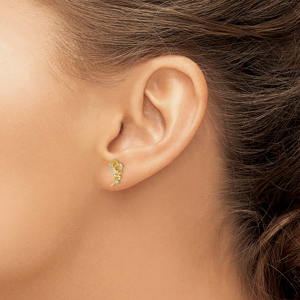 14k Yellow Gold Polished CZ and Heart Post Earrings