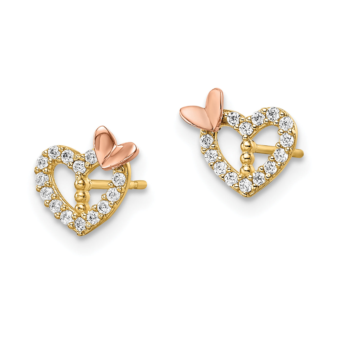 14k Two-tone CZ Heart w/Butterfly Post Earrings Secondary image