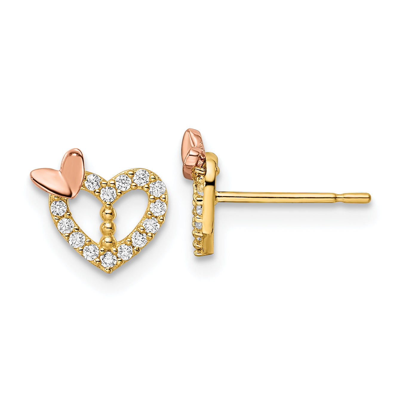 14k Two-tone CZ Heart w/Butterfly Post Earrings Main image