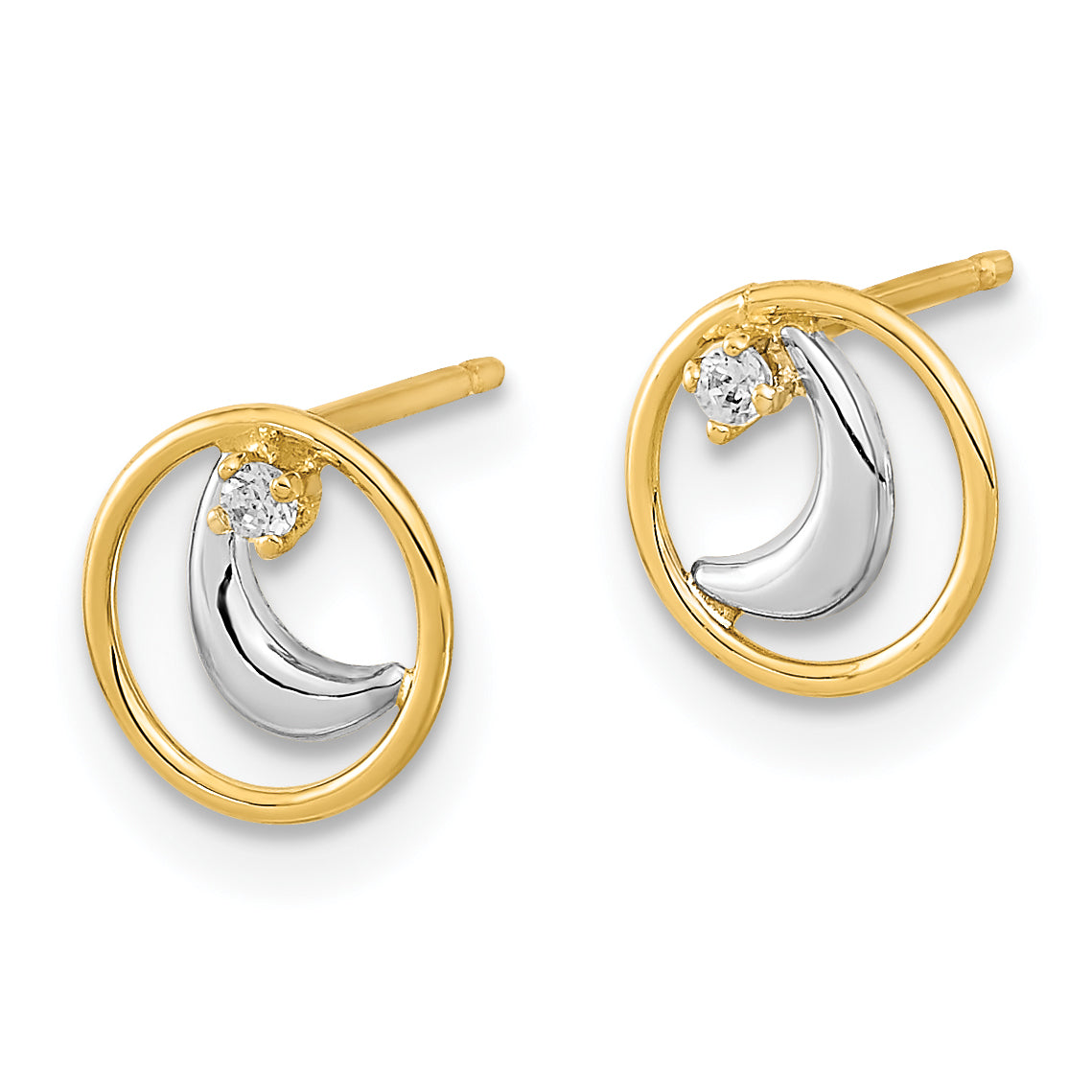 14K Gold White Rhodium Open Circle CZ Half Moon Post Earrings Secondary image