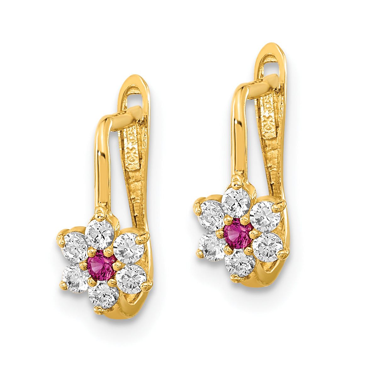 14K Polished Red and White CZ Flower Hoop Earrings Secondary image