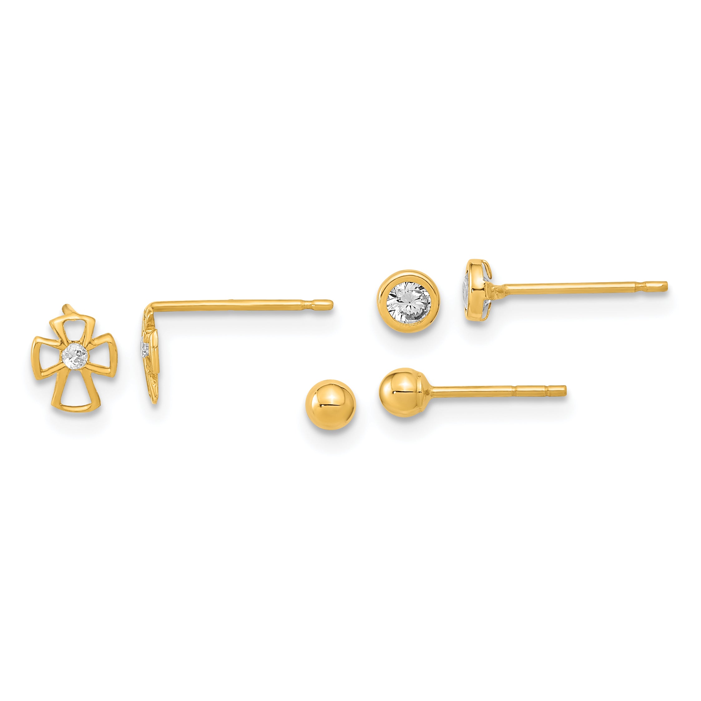14K Polished Set of Ball Post Cross and CZ Bezel 3 Pair Earrings Set Main image
