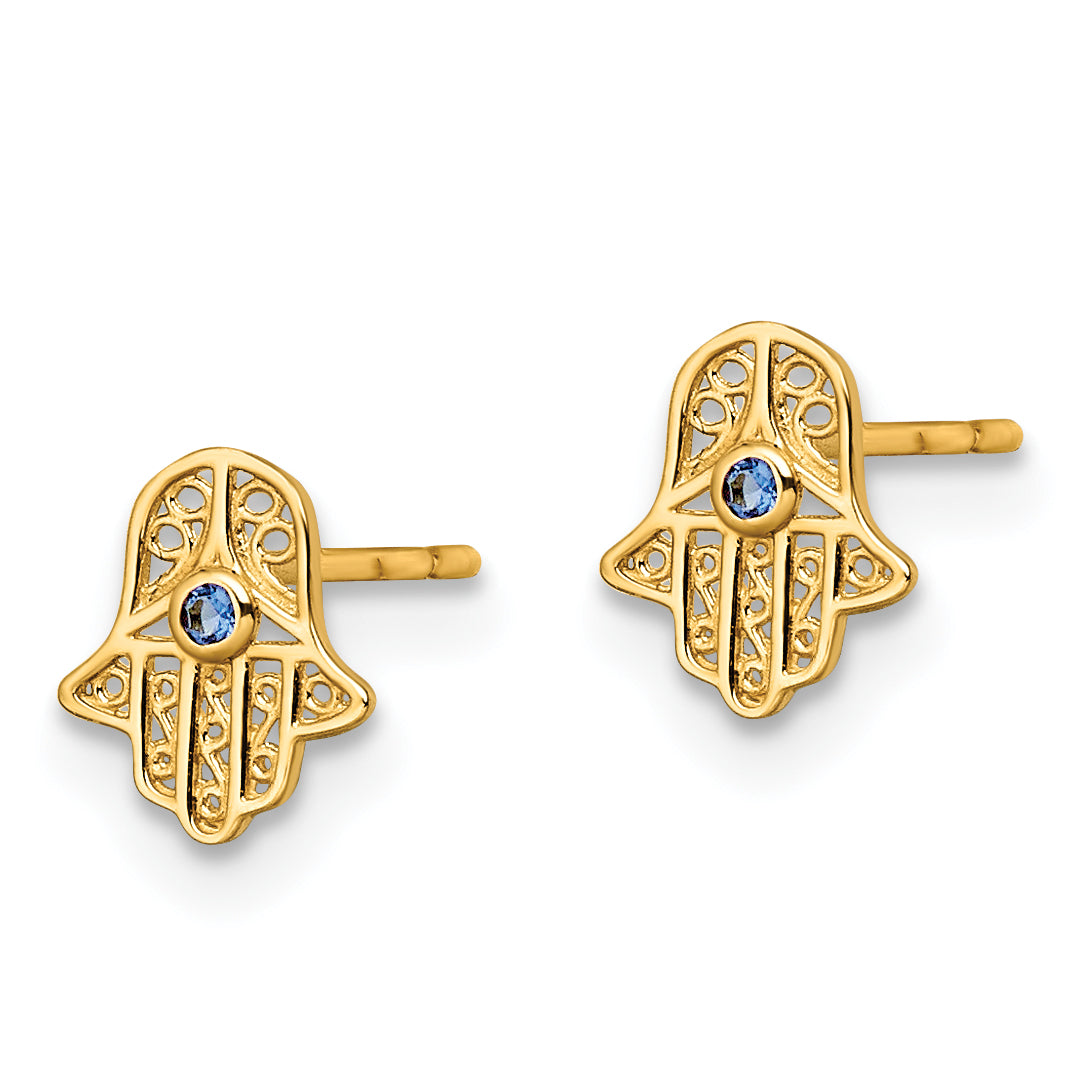 14k Blue Glass Stone Hamsa Post Earrings Secondary image