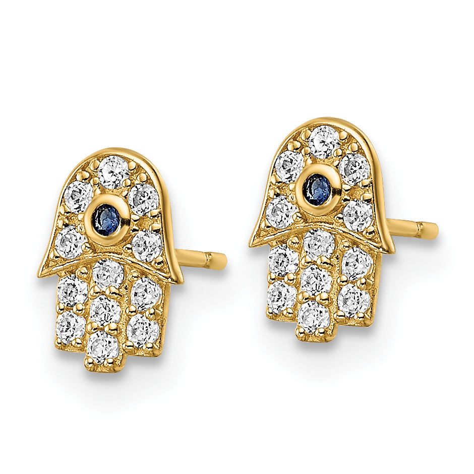 14k CZ & Blue Glass Stone Hamsa Post Earrings Secondary image