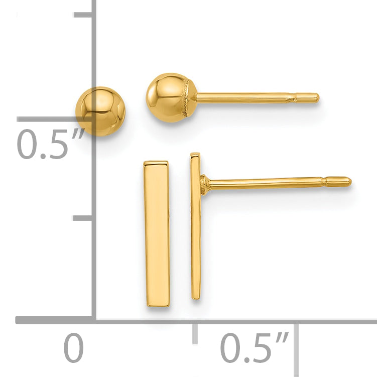 14K Polished 3mm Ball and Bar Earring Set