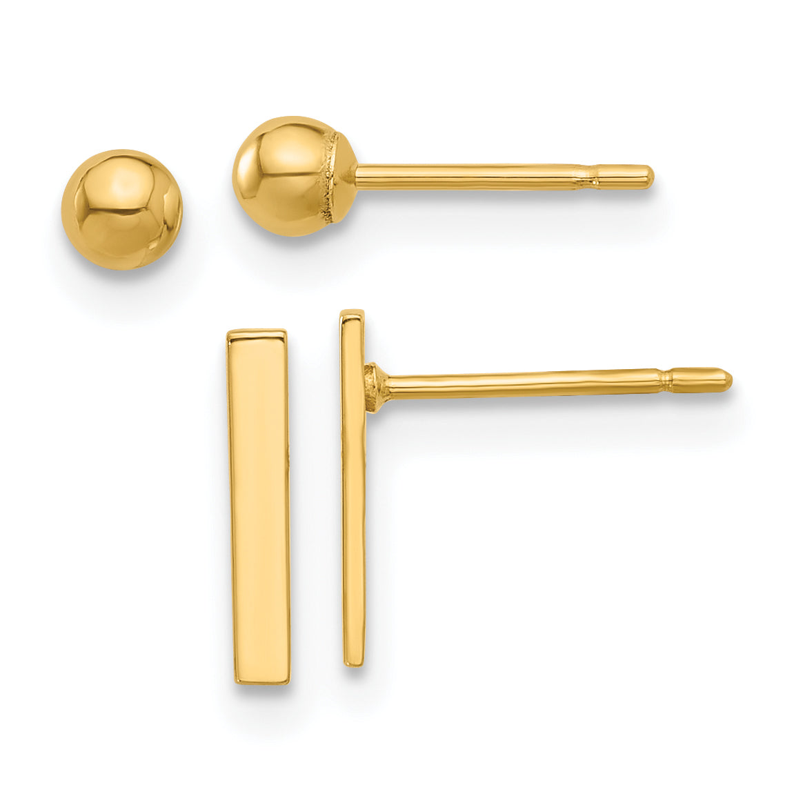 14K Polished 3mm Ball and Bar Earring Set Main image