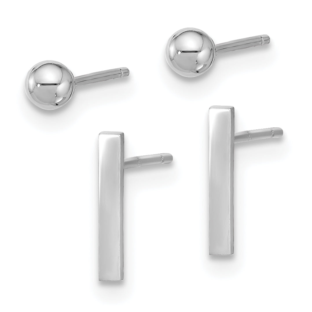 14K White Gold Polished 3mm Ball and Bar Earring Set Secondary image