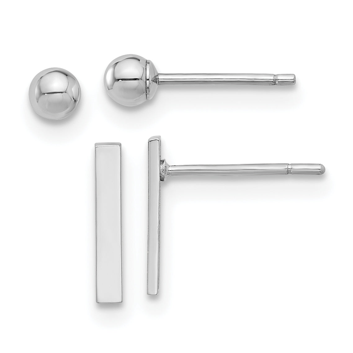 14K White Gold Polished 3mm Ball and Bar Earring Set Main image