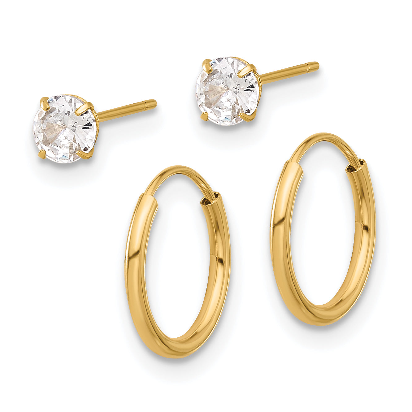14K Polished CZ Studs and Small Endless Hoop Earring Set Secondary image