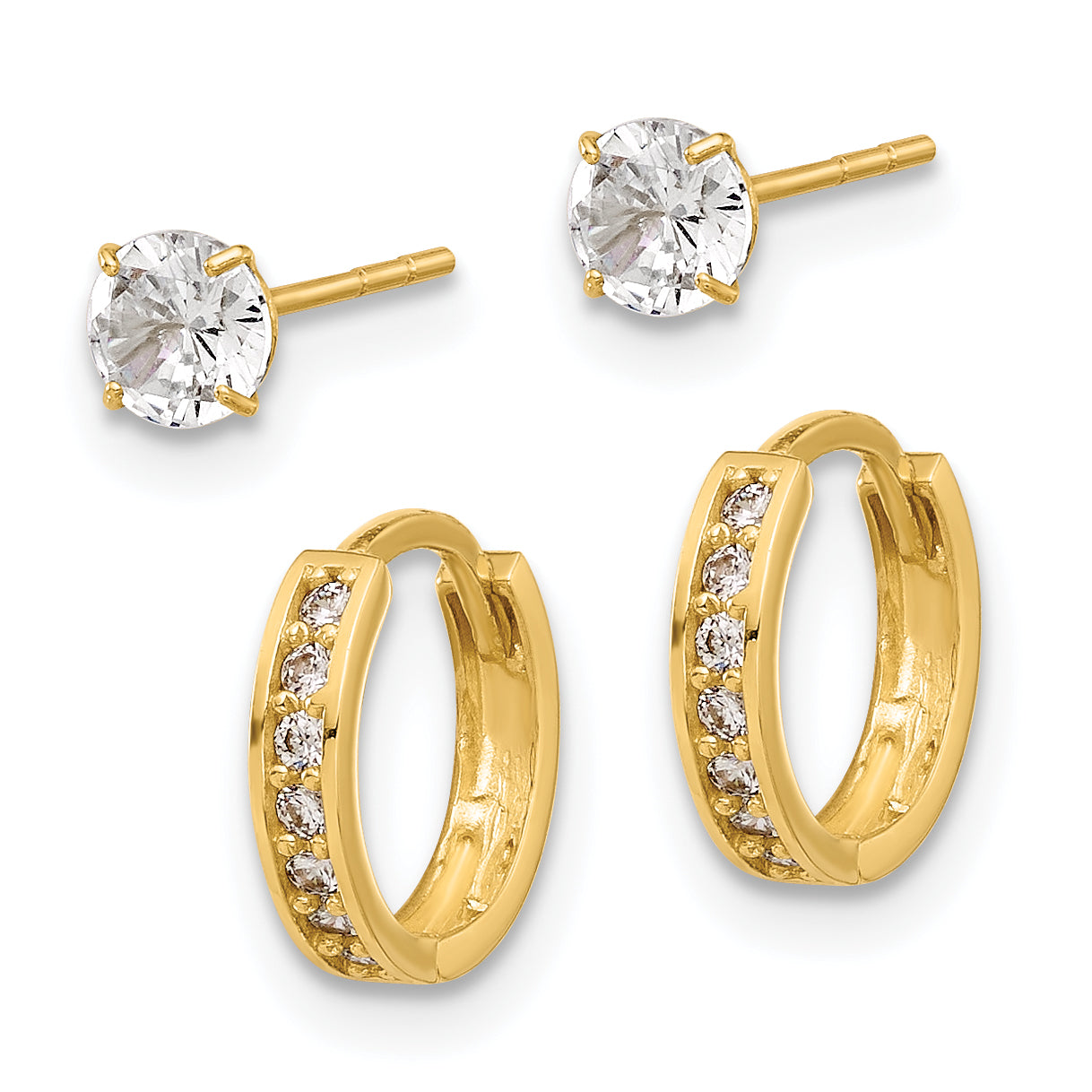 14K Polished CZ Post and Hinged Hoop Earring Set Secondary image