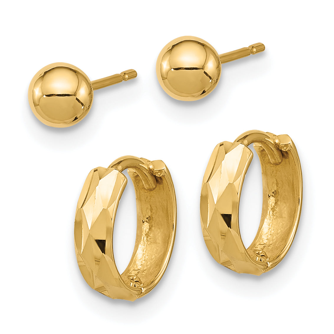 14K Polished 4mm Ball and Diamond Cut Hoop Set Secondary image