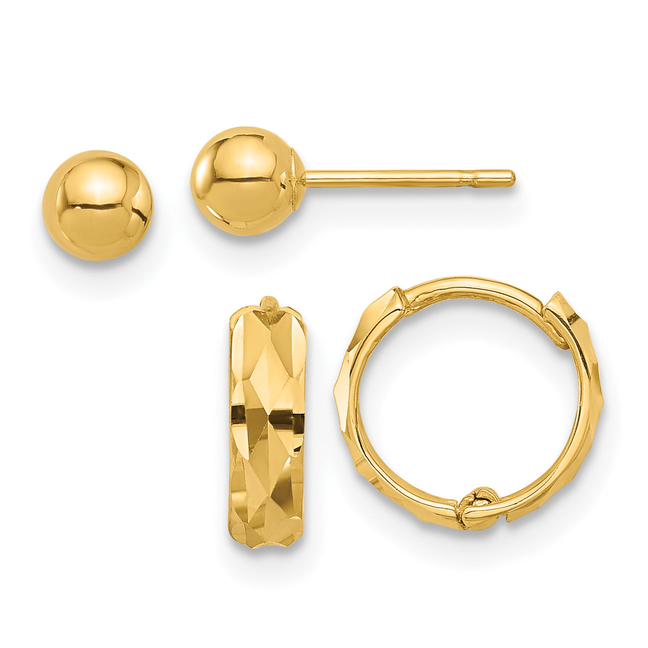 14K Polished 4mm Ball and Diamond Cut Hoop Set Main image