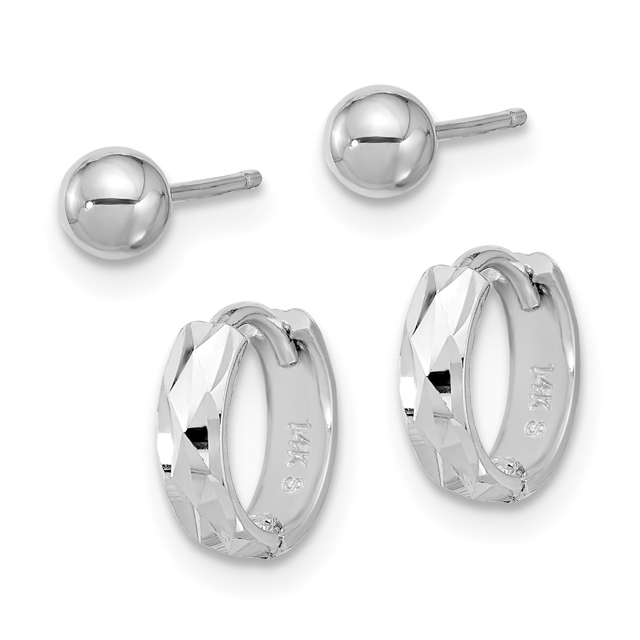 14K White Gold Polished 4mm Ball and D/C Hinged Hoop Earring Set Secondary image