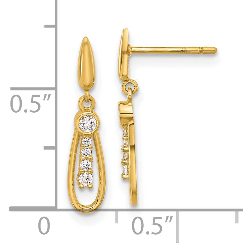 14K Polished Teardrop CZ Post Dangle Earrings