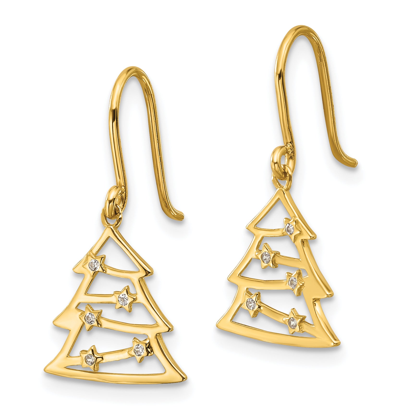 14k Polished CZ Christmas Tree Shepherd Hook Dangle Earrings Secondary image