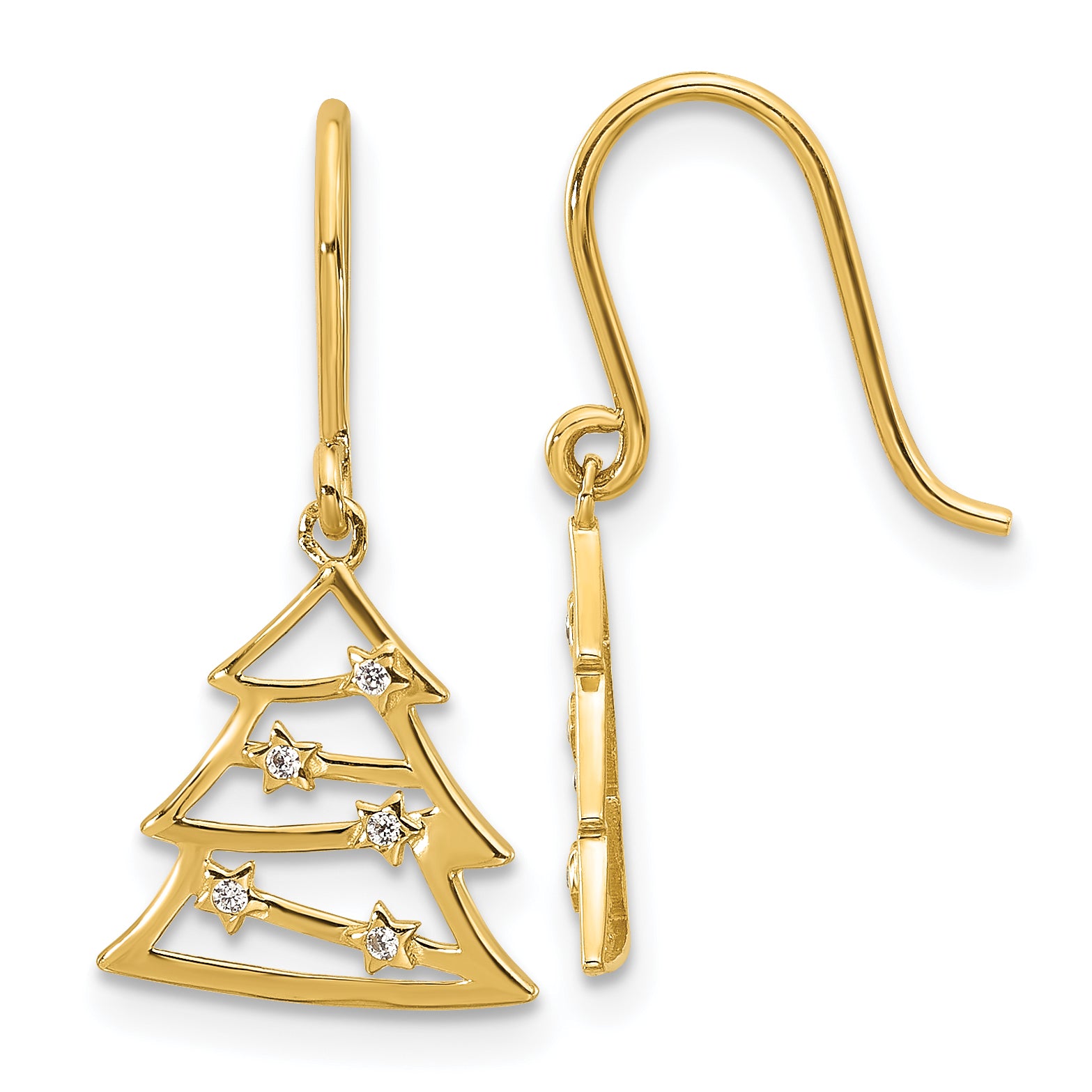 14k Polished CZ Christmas Tree Shepherd Hook Dangle Earrings Main image