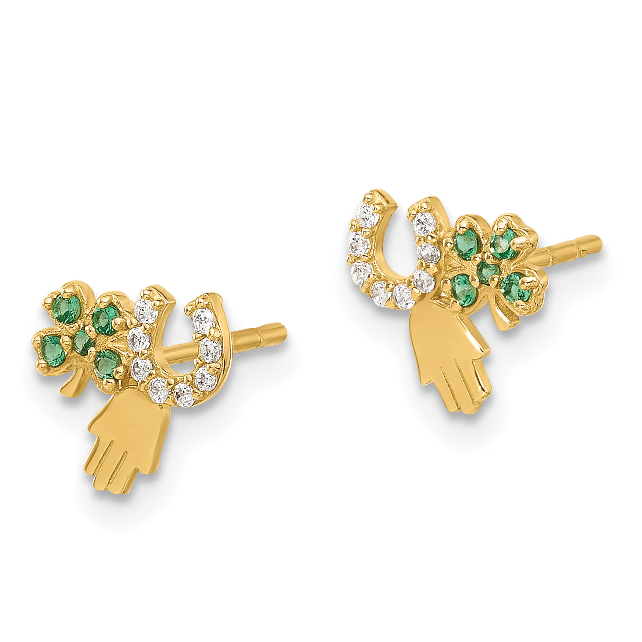 14K Green and Clear CZ Clover Horseshoe and Hamsa Post Earrings Secondary image