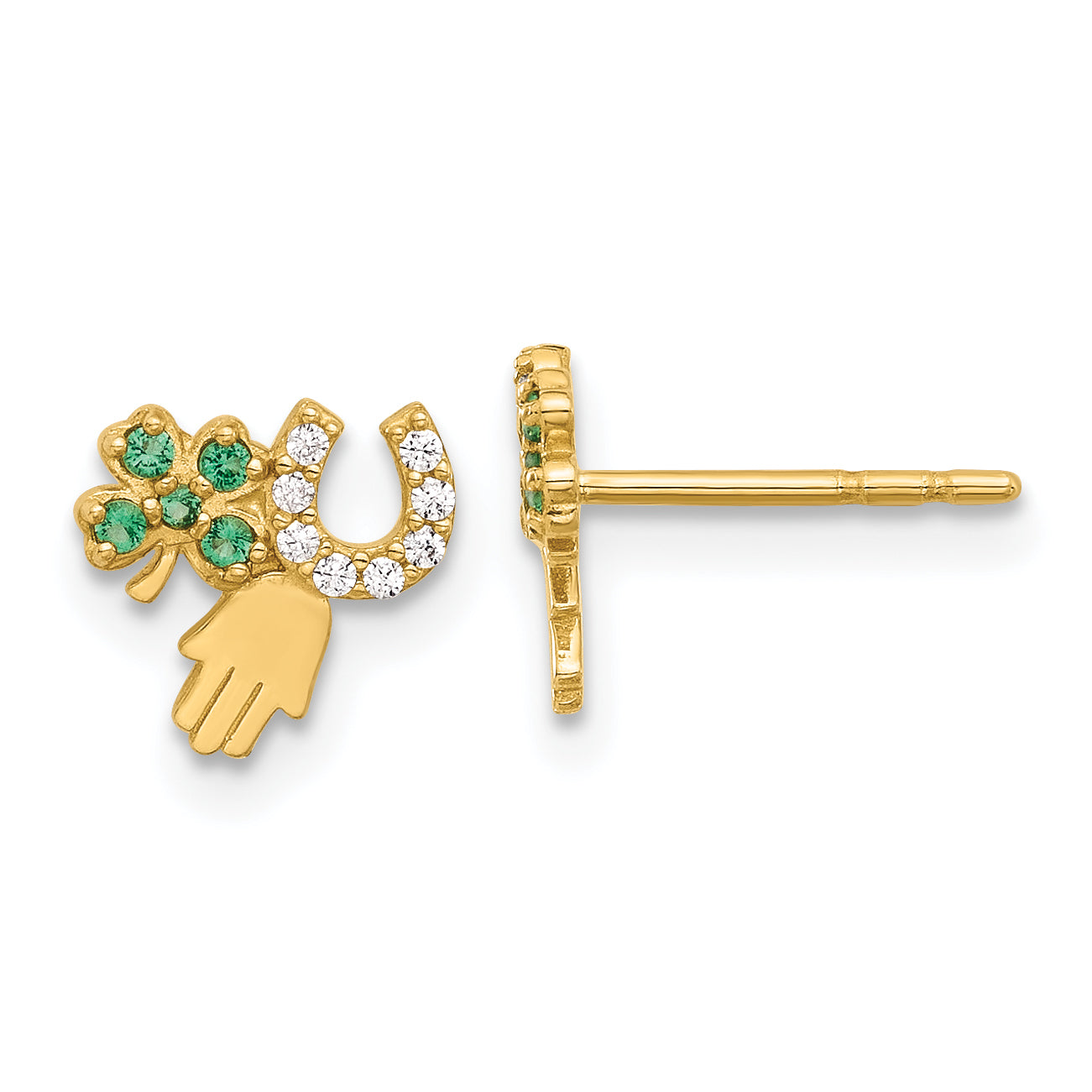14K Green and Clear CZ Clover Horseshoe and Hamsa Post Earrings Main image