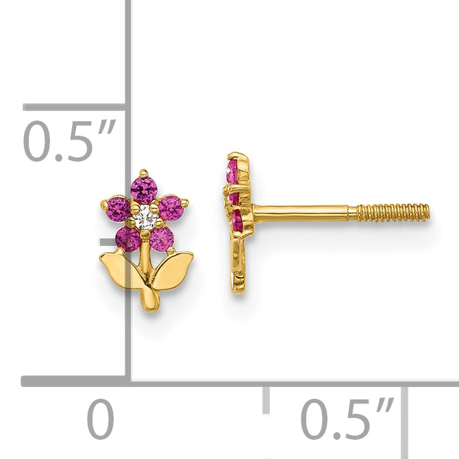 14K Polished Dark Pink & White CZ Flower Screwback Post Earrings