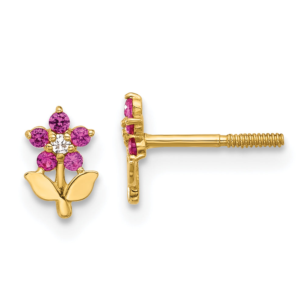 14K Polished Dark Pink & White CZ Flower Screwback Post Earrings Main image