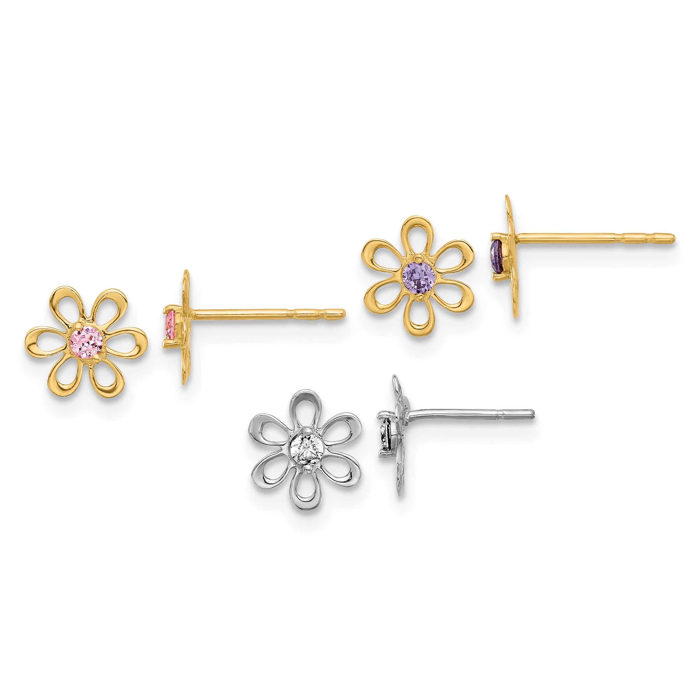 14K Yellow and White Gold Multi-color CZ Flower Post Earring Set Main image