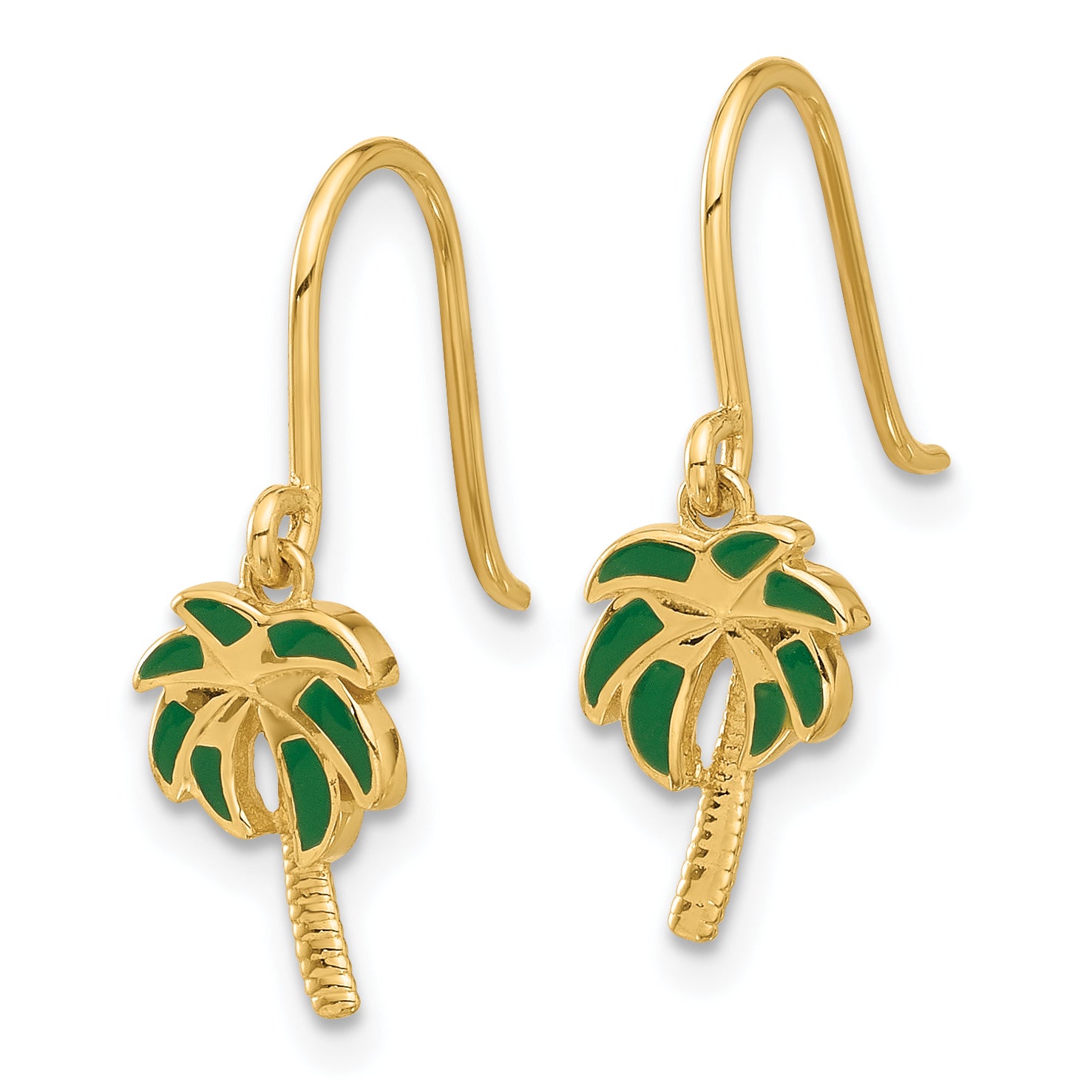 14k Polished Green Enameled Palm Tree Shepherd Hook Dangle Earrings Secondary image
