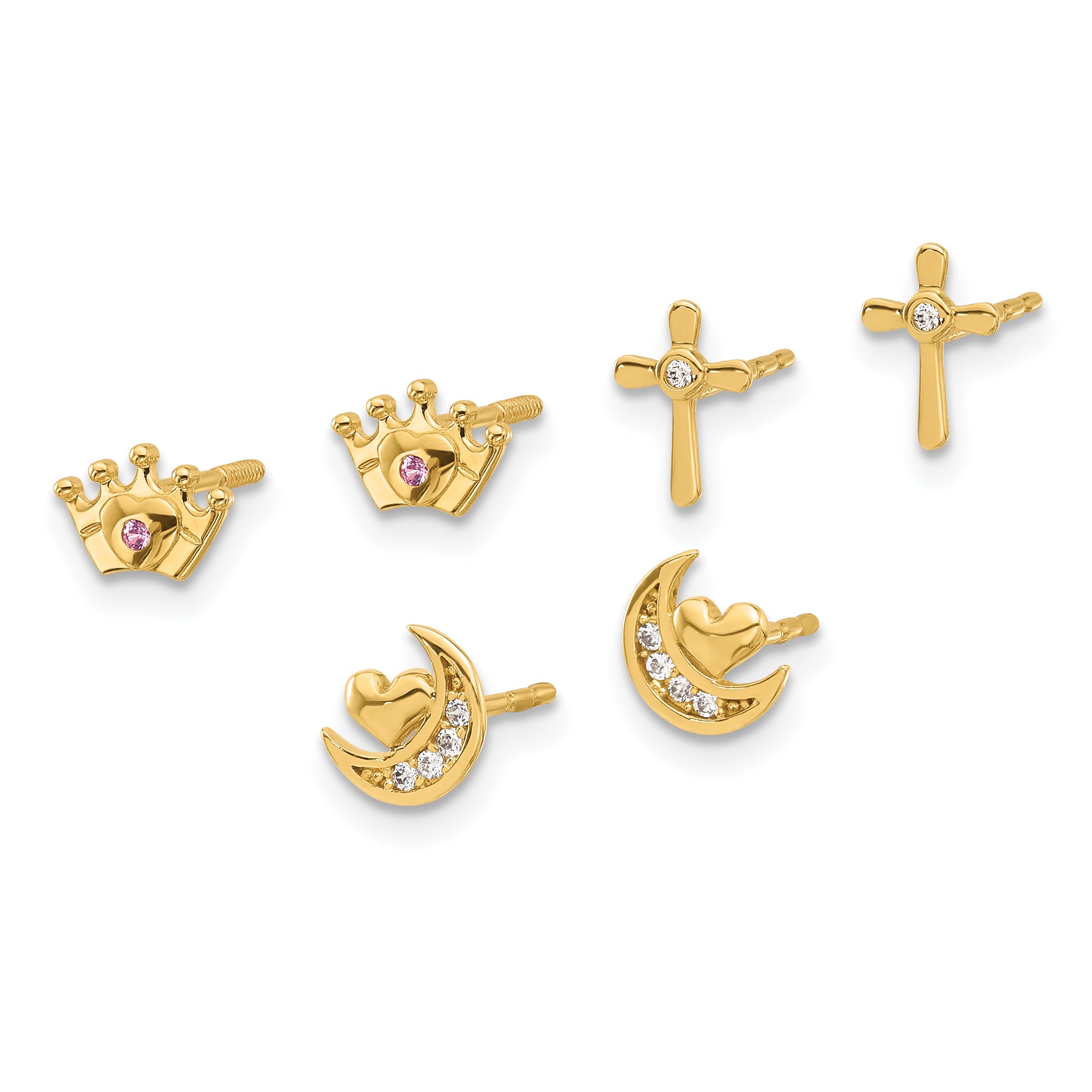 14K Polished CZ Moon Cross and Crown Post Earring Set Secondary image