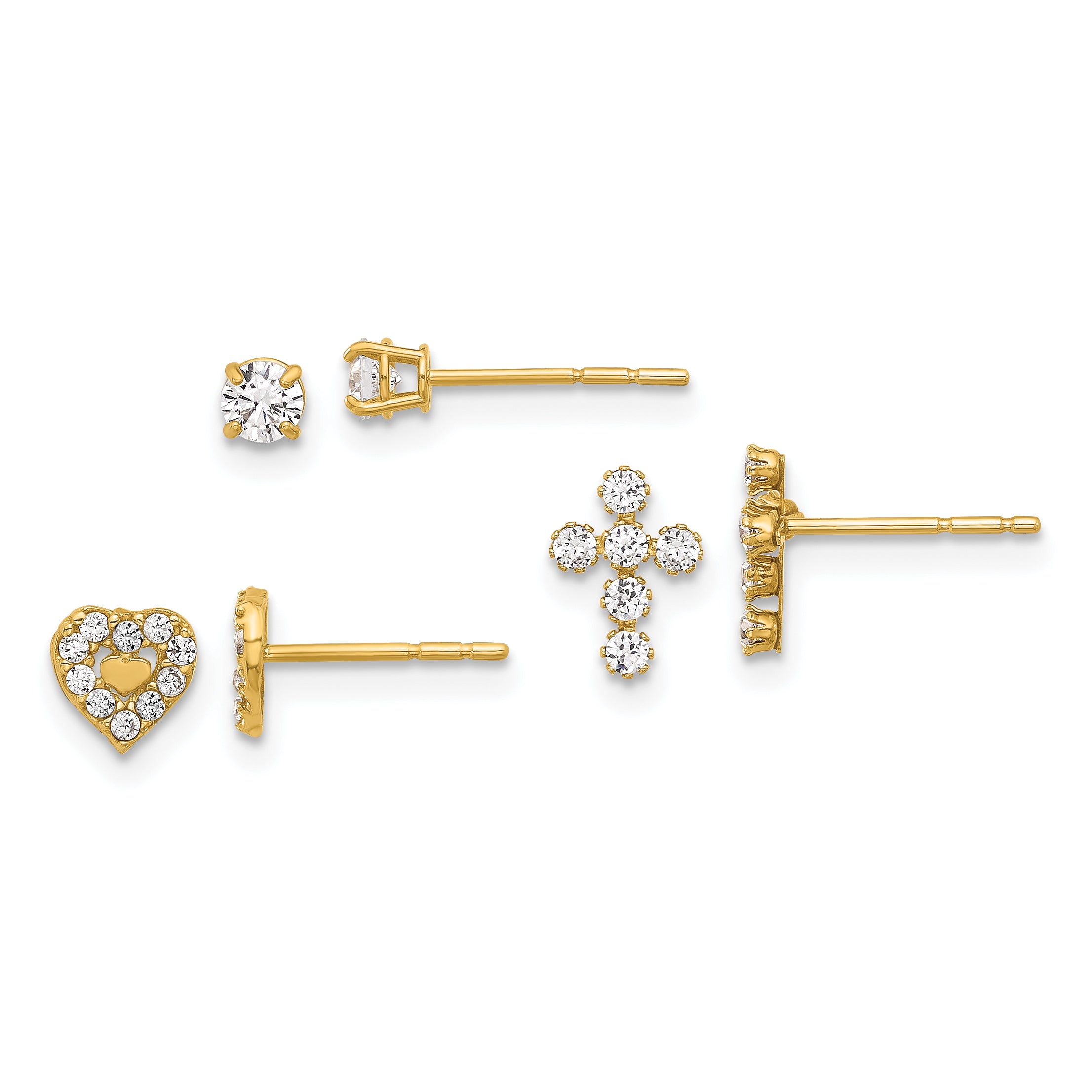 14K Polished CZ Cross Heart and Stud Post Earring Set Main image