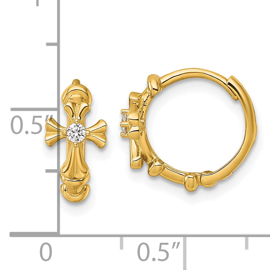 14k Polished CZ Cross Round Hinged Hoop Earrings