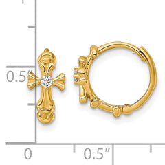 14k Polished CZ Cross Round Hinged Hoop Earrings