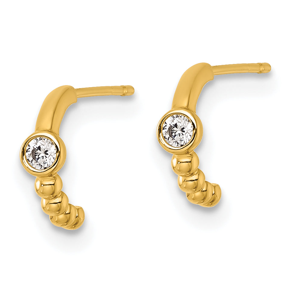 14k Polished and Beaded CZ C-Hoop Post Earrings Secondary image