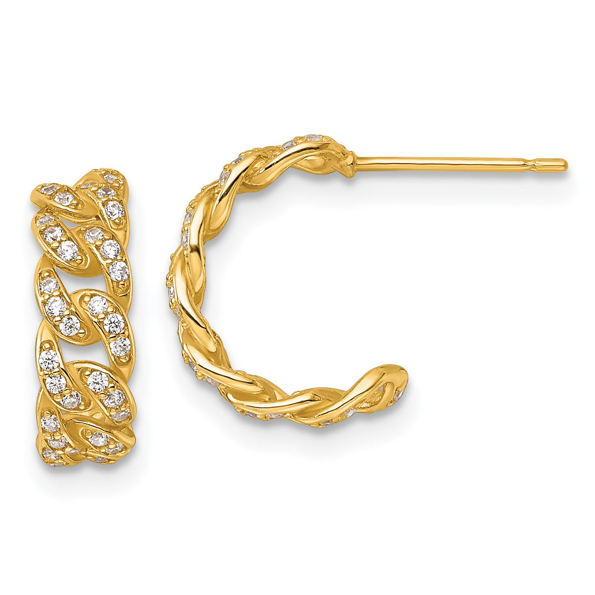 14k Polished CZ Curb Link C-Hoop Post Earrings