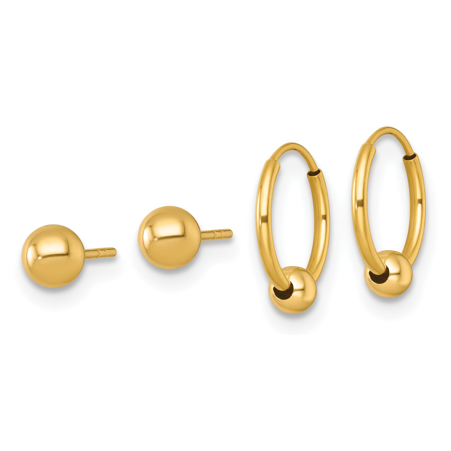 14k Polished Set of Two Pair 4.00mm Ball Post and Beaded Endless Hoop Earrings Secondary image