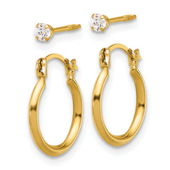 14k Polished 1.50mm Hoop and 2.5mm White CZ Screwback Post Set of 2 Pair Earrings