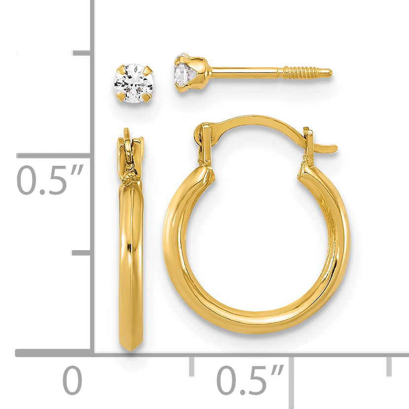 14k Polished 1.50mm Hoop and 2.5mm White CZ Screwback Post Set of 2 Pair Earrings