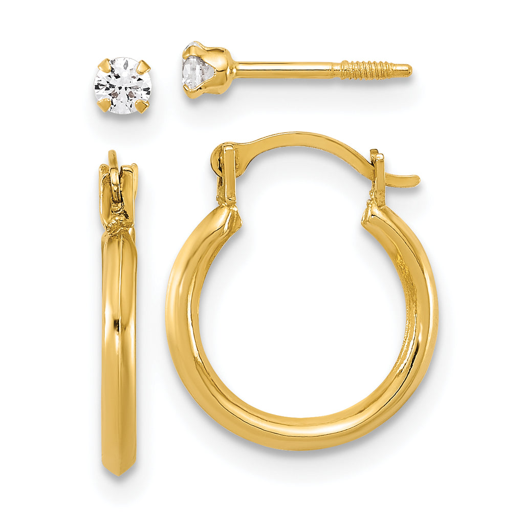 14k Polished 1.50mm Hoop and 2.5mm White CZ Screwback Post Set of 2 Pair Earrings