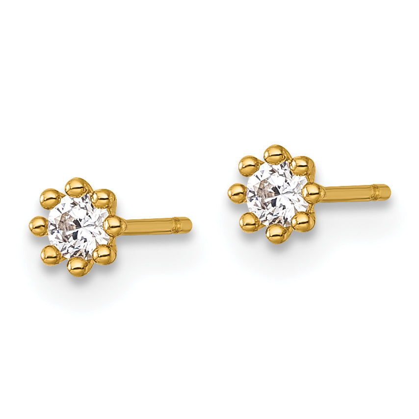 14k Polished and Beaded Round CZ Post Earrings Secondary image