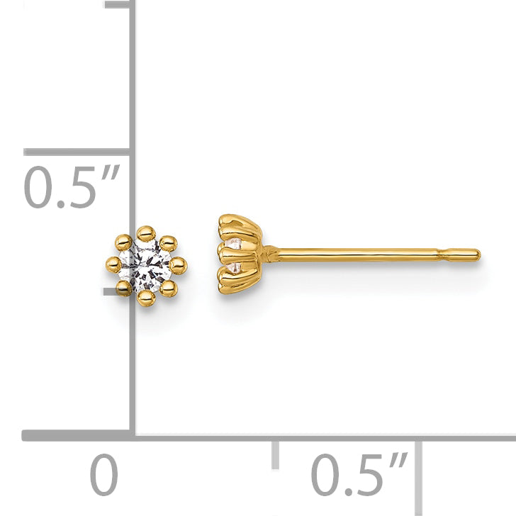 14k Polished and Beaded Round CZ Post Earrings
