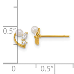 14k Polished CZ and White Freshwater Cultured Pearl Post Earrings