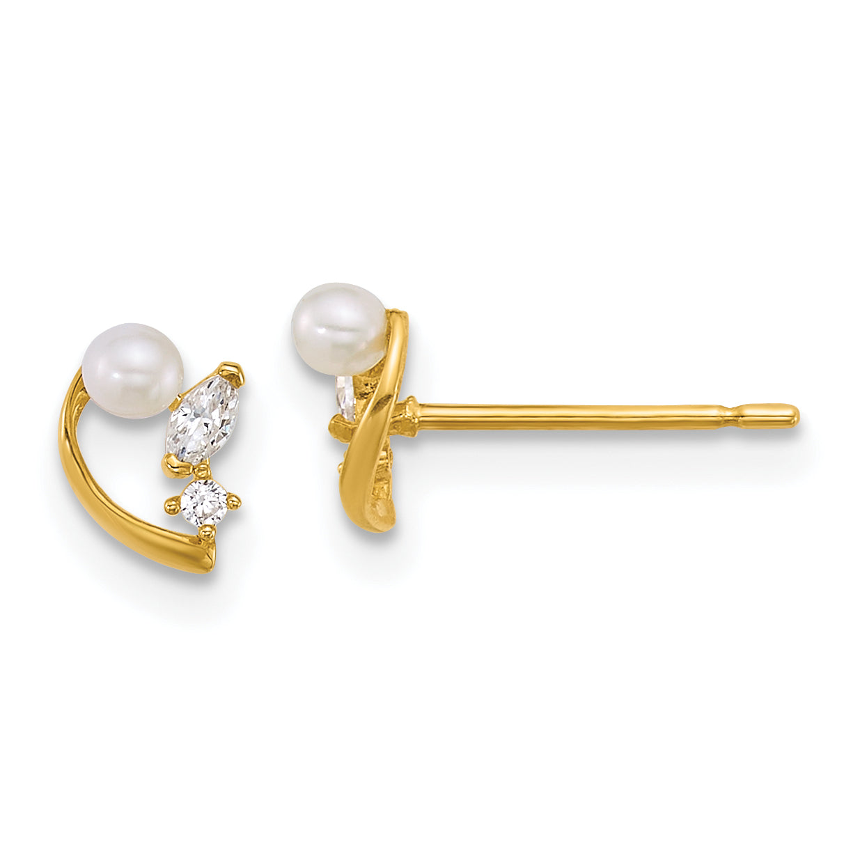 14k Polished CZ and White Freshwater Cultured Pearl Post Earrings