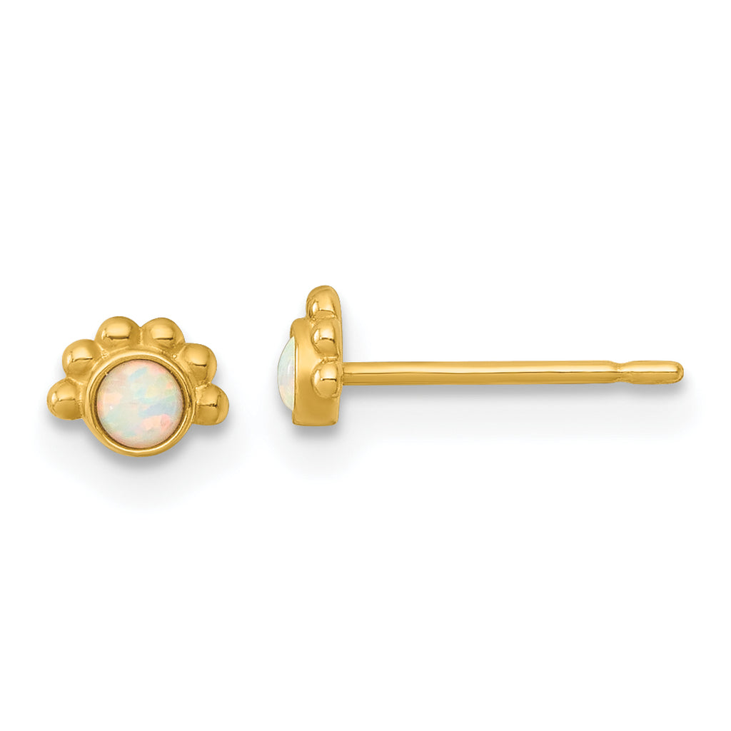 14k Polished and Beaded Lab Created Opal Post Earrings