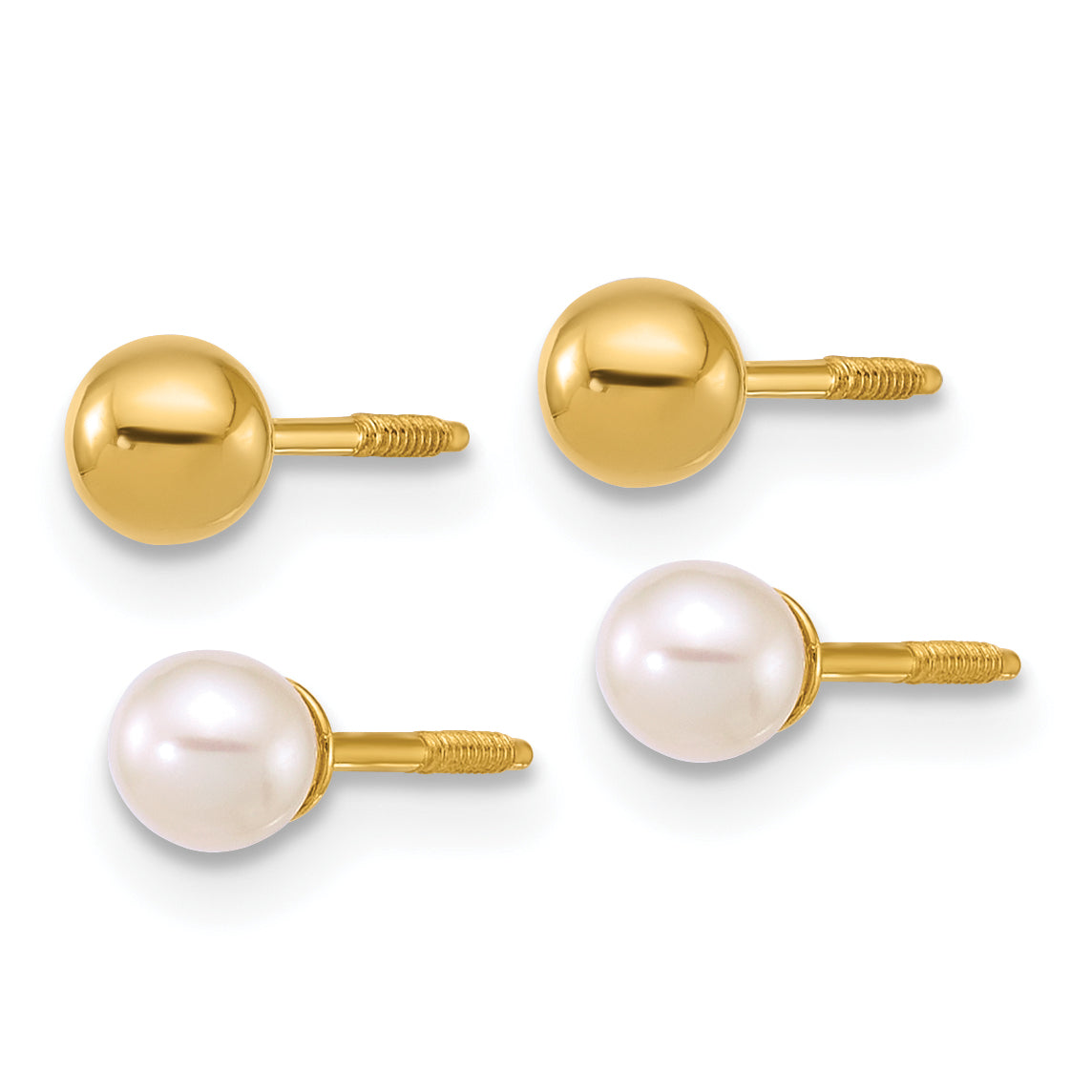 14k Polished 4mm Ball and 3-4mm Freshwater Cultured Pearl Screwback Post Set of 2 Pair Earrings