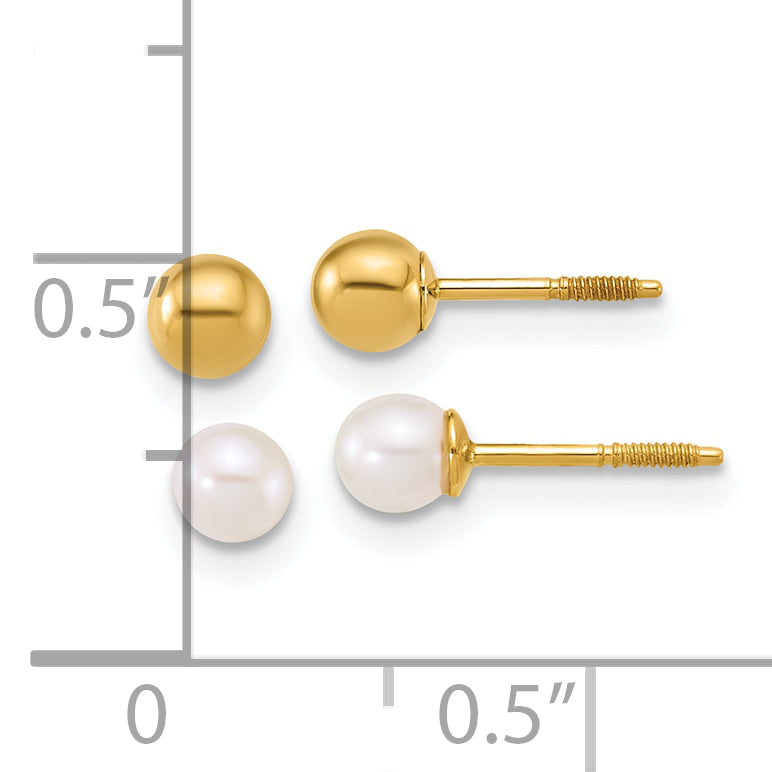 14k Polished 4mm Ball and 3-4mm Freshwater Cultured Pearl Screwback Post Set of 2 Pair Earrings