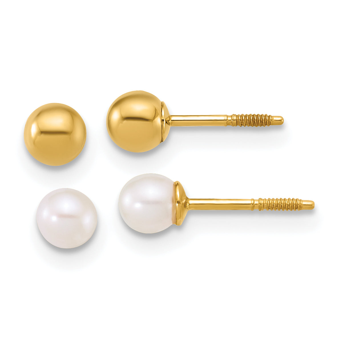 14k Polished 4mm Ball and 3-4mm Freshwater Cultured Pearl Screwback Post Set of 2 Pair Earrings